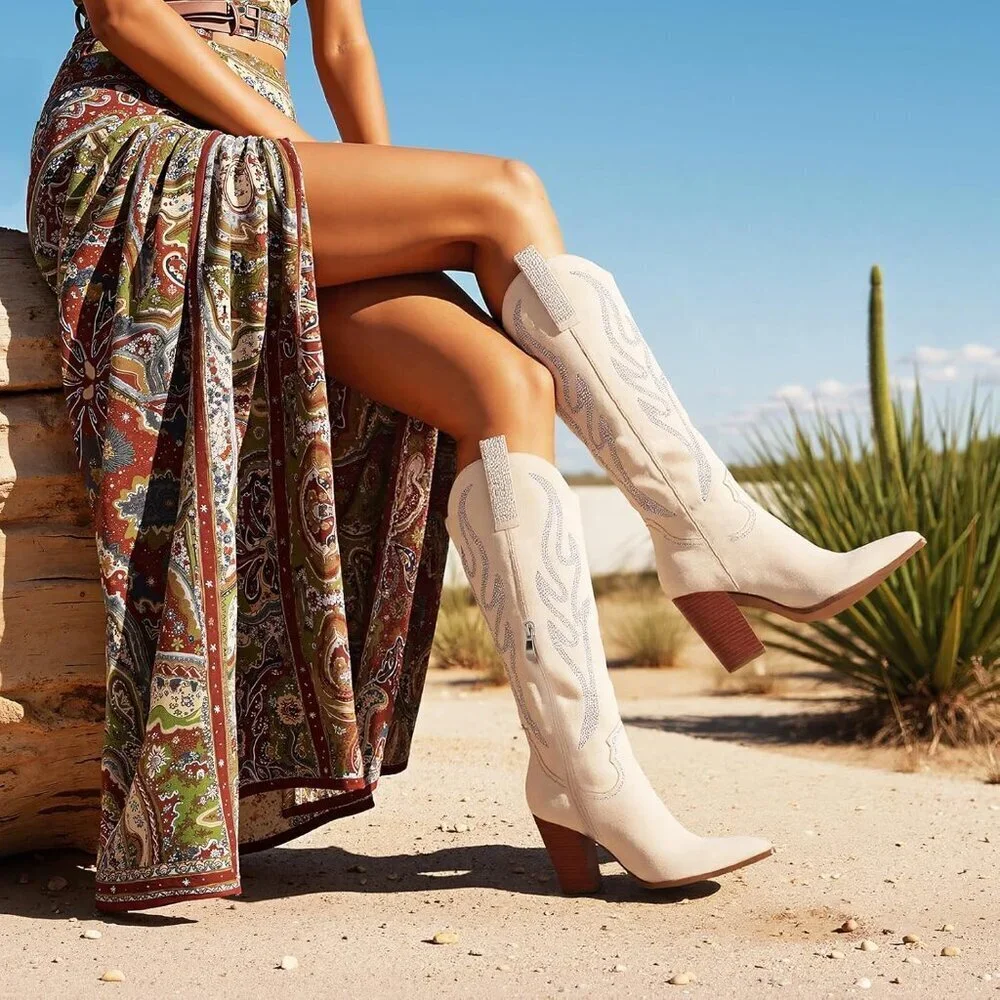Women's Beige Rhinestones Embroidered Pointed Toe Chunky Heel Knee High Boots